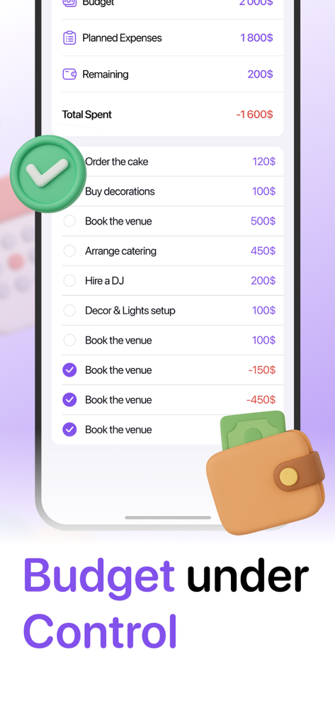 RushDay: Party & Event Planner - Interfaz de la app RushDay que muestra el seguimiento del presupuesto del evento con una lista de gastos y el saldo restante.