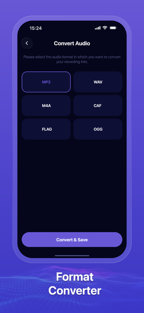 Audacity Audio Record app screen showing audio conversion options for MP3 WAV and M4A formats