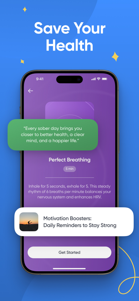 Sober Day - Sobriety Counter - Sober Day app screen showing a guided breathing exercise and a motivational sobriety quote.