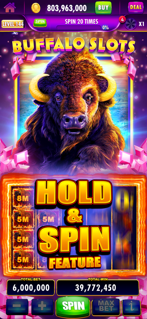 Buffalo Slots gameplay in Cashman Casino app showing the Hold and Spin feature with virtual jackpots