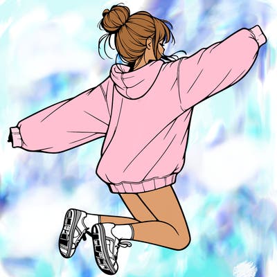 realistic girl jumping with a bun and oversized sweatshirt