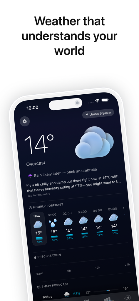 Aura — Weather & Surf - Aura Weather app interface on iPhone showing a 14 degree overcast forecast with an AI summary and hourly details.