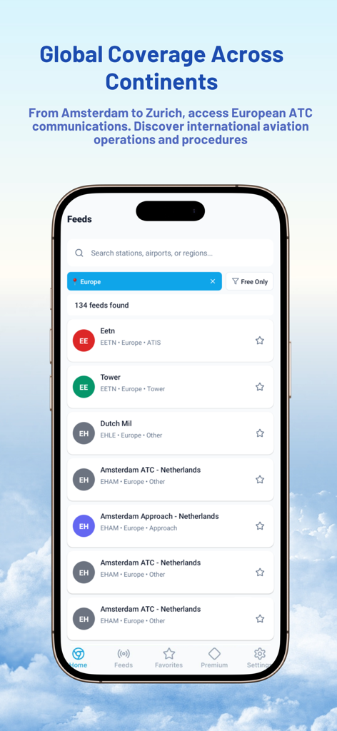 ATC Air Traffic Control - ATC app interface showing live air traffic control feeds from European airports.