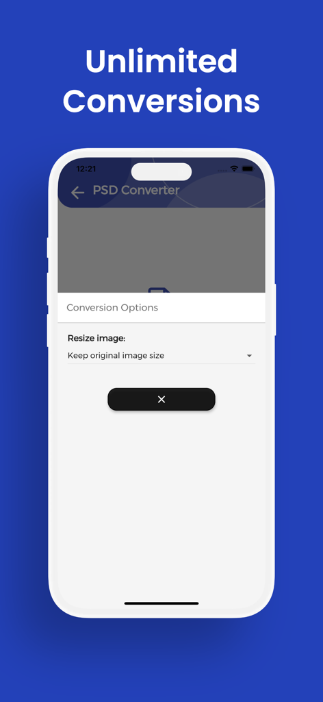PSD Converter, PSD to PNG - Interface do aplicativo móvel Conversor de PSD mostrando configurações de conversão e opções de redimensionamento de imagem