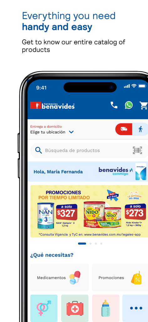 Benavides - Farmacias Benavides mobile app home screen showing product catalog and promotions