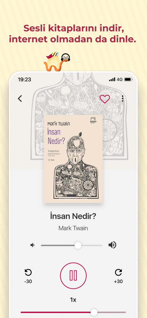 Kitapyurdu Sesli Kitap app interface showing the audiobook player for Mark Twain's book Insan Nedir in Turkish