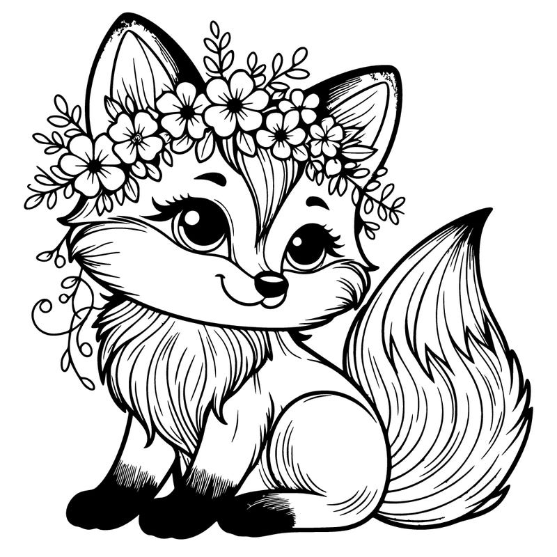 a realistic fox with flowers in its hair