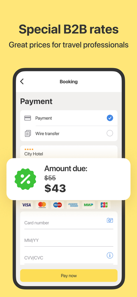 RateHawk: Hotel Booking - Interfaccia dell'app RateHawk che mostra tariffe speciali di prenotazione B2B e opzioni di pagamento per professionisti del viaggio