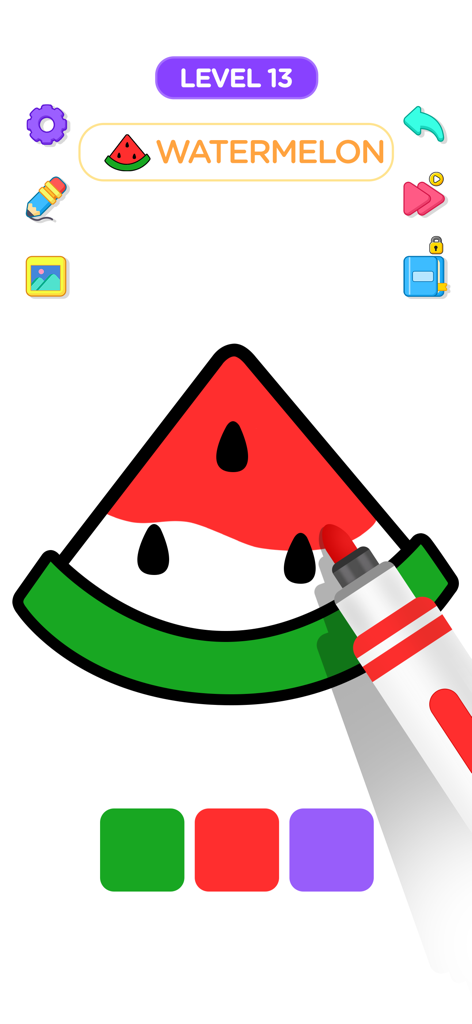 Coloring Book ASMR Drawing - A digital coloring screen showing a red marker painting a watermelon slice.