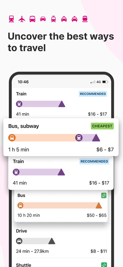 Rome2Rio-App-Screenshot, der verschiedene Reiseoptionen mit Preisen und Dauer anzeigt