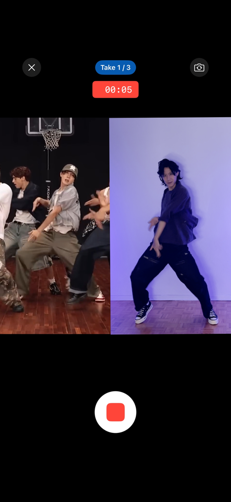 Mirrored Perfect - Split screen view of a dancer recording their performance next to a tutorial video in the Mirrored Perfect app