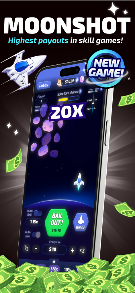 Moonshot skill game interface in Cash Legends showing a rocket dodging asteroids for real money payouts