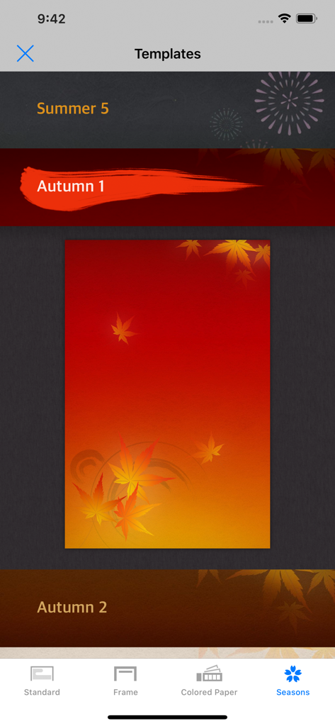 Zen Brush 2 - Zen Brush 2 interface showing seasonal background templates with an autumn maple leaf theme selected.