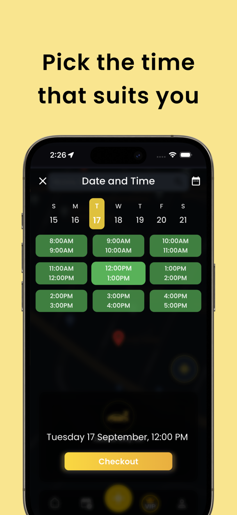 Tela do aplicativo SteamIt mostrando a seleção de horários para agendar uma lavagem de carro móvel.