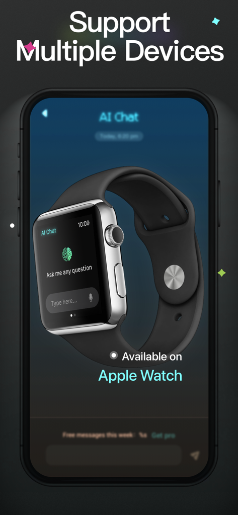 AI ChatBot GPTalk AI Generator - GPTalk AI ChatBot interface shown on an Apple Watch and iPhone highlighting multi-device support