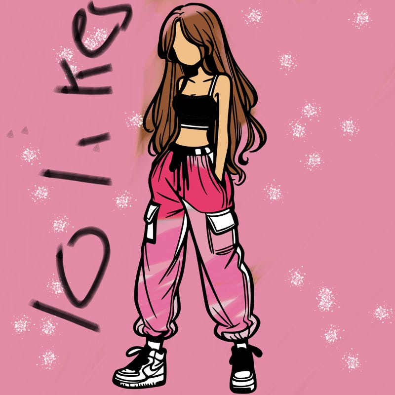 girl in baggy pants crop top and long hair