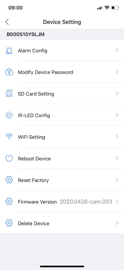 LookCam - Menü für Geräteeinstellungen in der LookCam App mit Optionen für Alarmkonfiguration, WLAN-Einstellungen und SD-Kartenverwaltung
