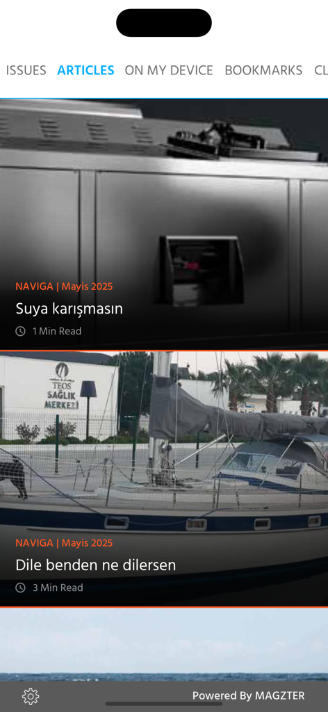 Naviga Magazine - Articles section of the Naviga Magazine app displaying sailing and marine culture topics