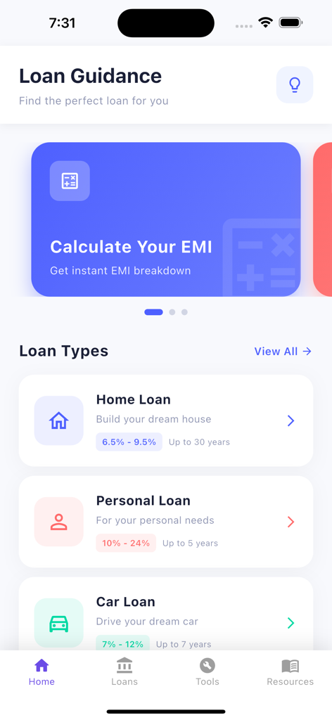Instant Loan - Calculator App - Interface of Instant Loan Calculator app showing EMI calculation options and different loan categories like home and personal loans