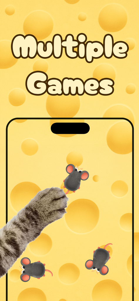 Games for Cats - Meowly - Uma pata de gato tocando um rato digital em uma tela de smartphone com fundo de queijo