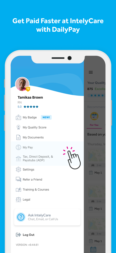 IntelyCare - Nursing Jobs - Mobile app screen for IntelyCare showing a nurse profile and the DailyPay feature option