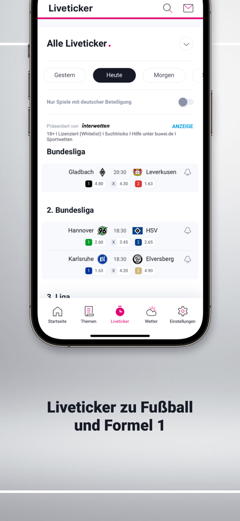 t-online Nachrichten - Écran d'actualités en direct sur le football dans l'application t-online Nachrichten affichant le calendrier des matchs de Bundesliga.