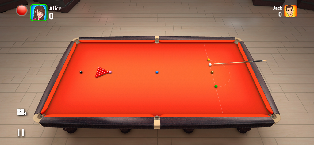 Jugabilidad de Real Snooker 3D mostrando una mesa naranja personalizada y una interfaz de partido para dos jugadores