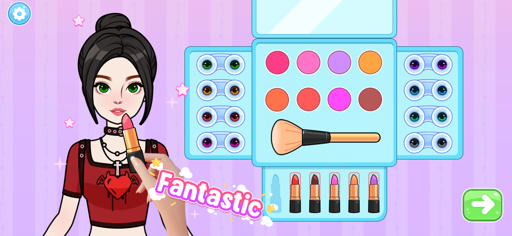 Un personaje de muñeca de papel recibiendo un cambio de imagen con sombras de ojos y lápices labiales coloridos