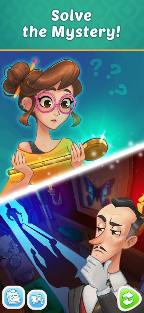 Mansion Tale: Merge Secrets - Ashley and a butler character investigating a family secret in Mansion Tale Merge Secrets