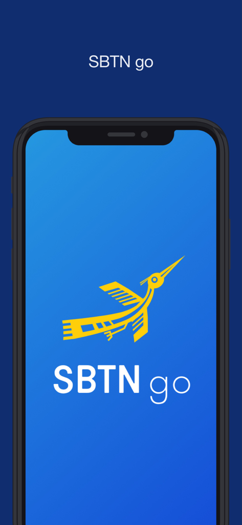 SBTN go mobile app splash screen featuring the yellow bird logo on a blue background