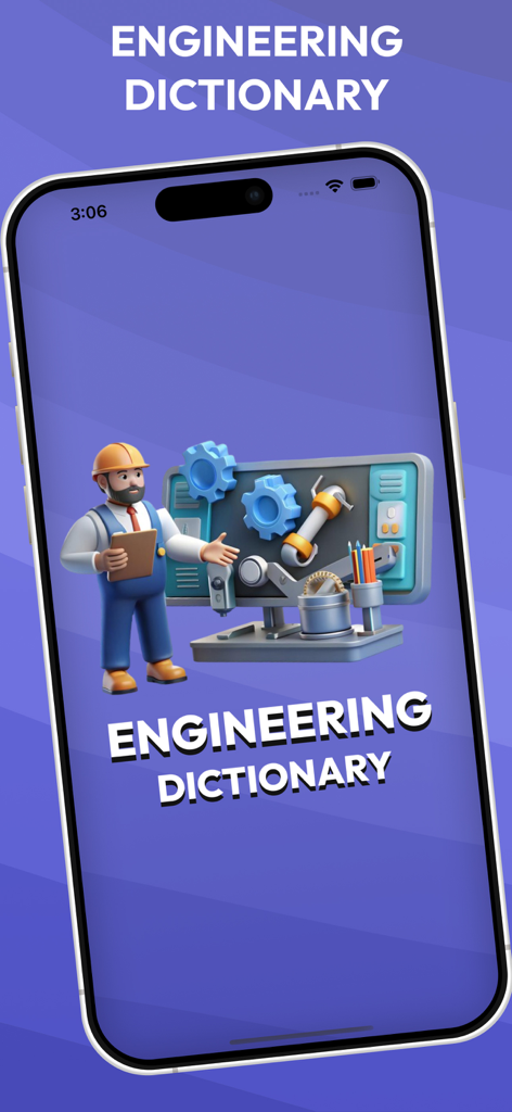 Basic Engineering Dictionary - Welcome screen of the Basic Engineering Dictionary app featuring a 3D engineer character and mechanical components