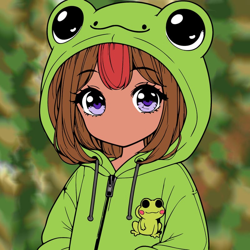 cute realistic girl in a froggy hoodie