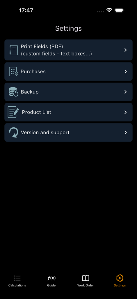 Settings screen of the Electrician's assistant app with options for PDF print fields, purchases, and data backup.