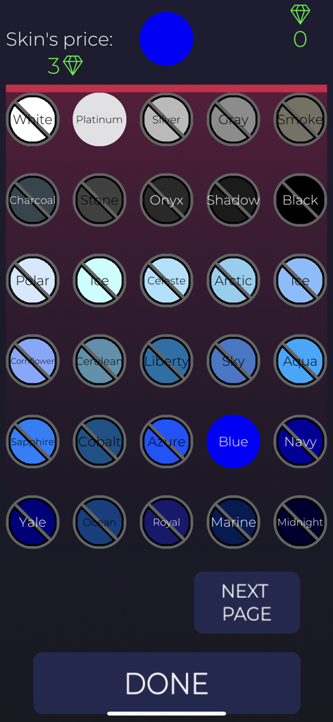 Marble Race Ultimate - Marble skin selection screen showing various color options and price in diamonds