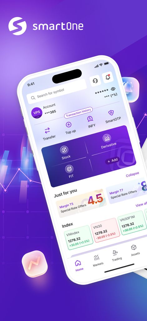 VPS SmartOne - The VPS SmartOne mobile app home screen displaying stock market indices and financial management tools