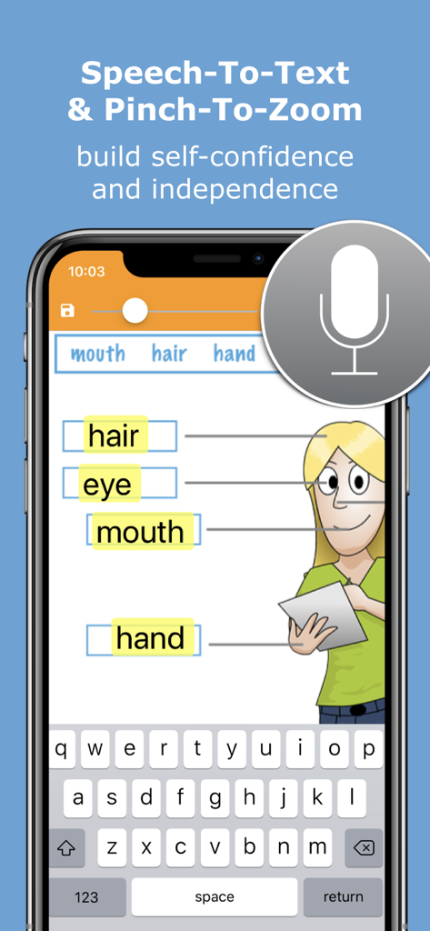 SnapType Pro - Captura de tela do aplicativo SnapType Pro mostrando recursos de fala para texto e pinça para zoom sendo usados para completar uma folha de atividades em um dispositivo móvel