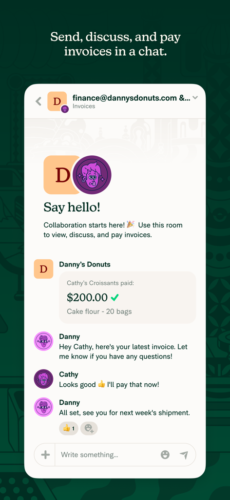 Expensify - Travel & Expense - Expensify mobile app interface showing a chat conversation for discussing and paying a business invoice