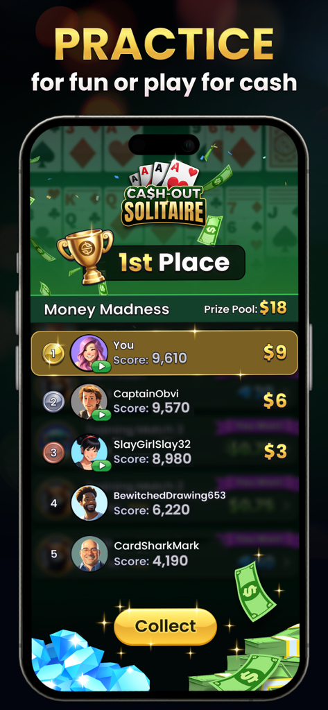 Cash Out Club - Win Real Money - Results screen of Cash Out Solitaire showing a first place win and a cash prize payout
