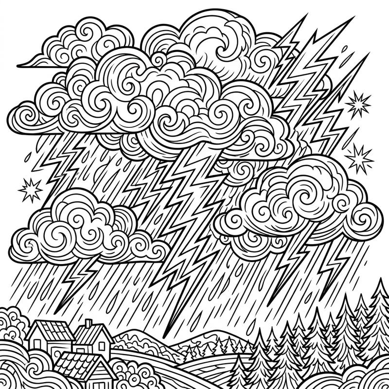Dive into the drama of a thunder and lightning storm with this detailed coloring template for adults. Featuring intricate clouds, powerful lightning, and a picturesque landscape, it's perfect for a relaxing creative escape.