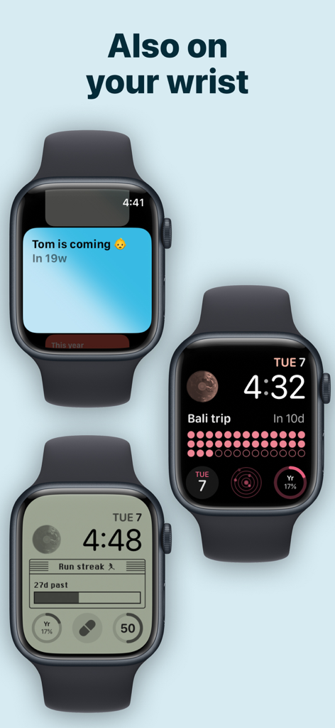 Countdown - Pretty Progress - Three Apple Watch faces showing custom countdown and progress tracking widgets for trips and habits