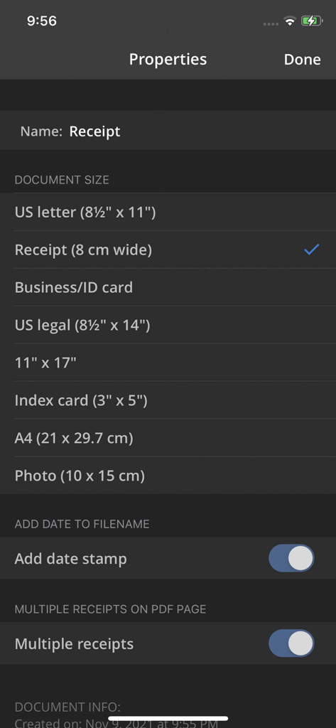 TurboScan™ Pro: PDF scanner - Pantalla de propiedades del documento de TurboScan Pro que muestra el tamaño del escaneo y las opciones de recibo.