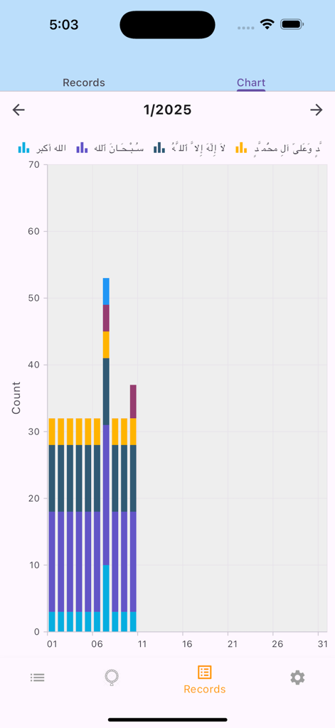 Um gráfico de barras mensal rastreando contagens diárias de dhikr e progresso espiritual dentro do aplicativo.