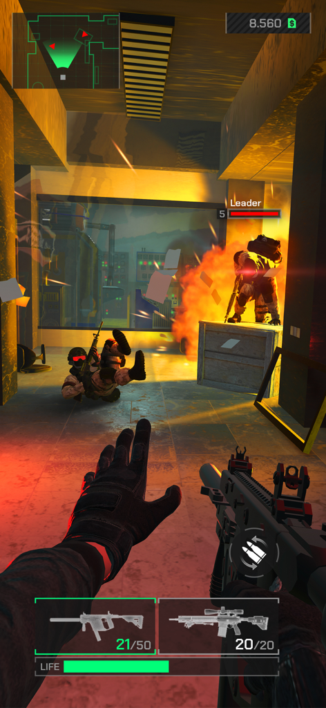 HEADSHOT INC. - Perspectiva en primera persona de jugabilidad de tiro táctico en Headshot Inc mostrando un encuentro con un enemigo y un HUD de combate.