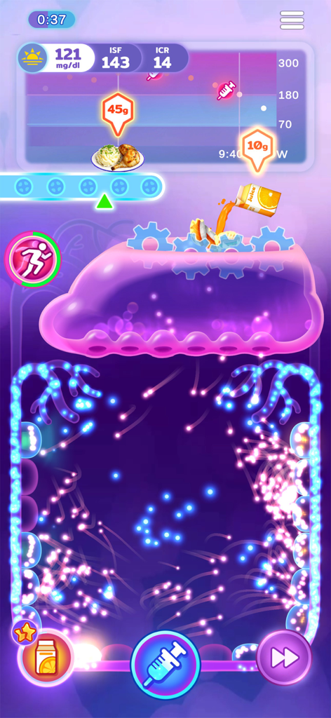 Level One: A Diabetes Game - A gameplay screenshot of Level One showing gamified diabetes management with carb counting and blood sugar tracking.