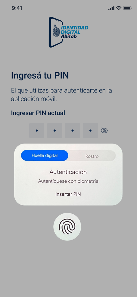 Identidad Digital Abitab - Secure PIN entry and biometric authentication screen of the Identidad Digital Abitab mobile app.