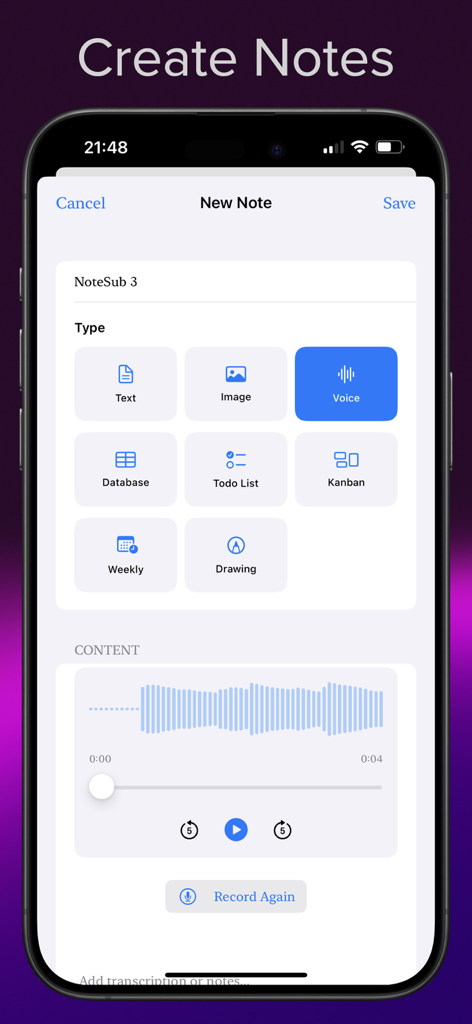 NoteSub - Interfaz de la aplicación NoteSub que muestra diferentes opciones de creación de notas, incluyendo texto, voz, imagen, base de datos y tableros kanban en un iPhone.