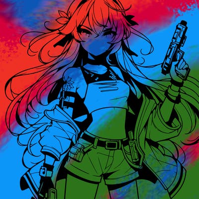 bad girl wearing crop top holding a gun long hair anime