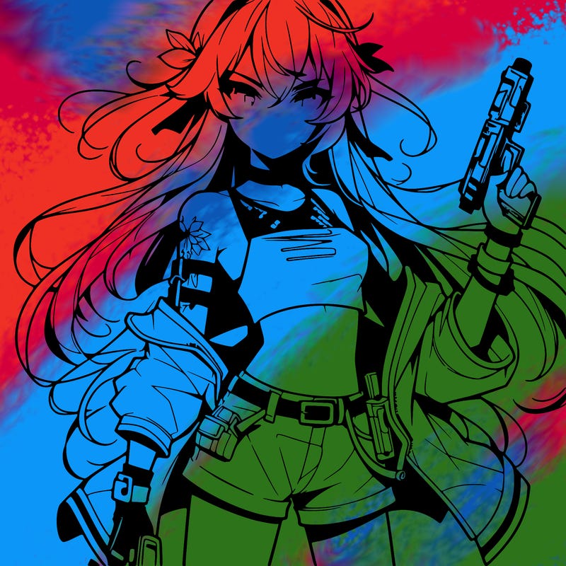 bad girl wearing crop top holding a gun long hair anime