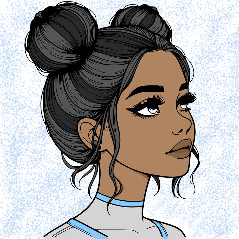 realistic girl with buns on the top of her head