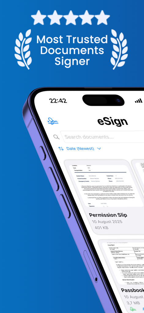 iPhone上のeSignアプリインターフェース。デジタルドキュメント管理と5つ星の信頼評価が表示されています。